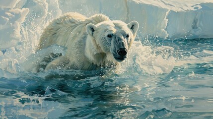 Basking in the sunshine a polar bear gracefully glides through the icy waters of the floe