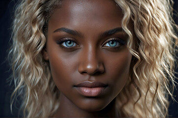 Extreme Close Up Nubien African American Woman Blond Hair Deep Blue Eyes Black Background