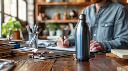 An office desk with a water bottle on top of it, showing the importance of staying hydrated while working. 