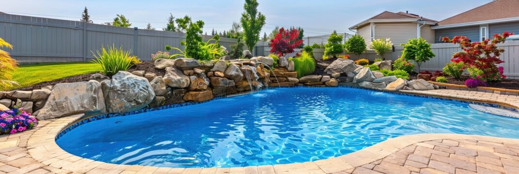 backyard swimming pool, summer, colorful flowers 