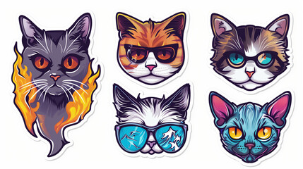 Cool cats. Set of stickers. Cute, funny, stylish kittens on a white background