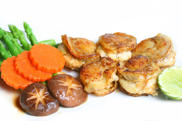 Scallop garlic butter steak and asparagus, shiitake mushrooms, Japanese foods style on white background 