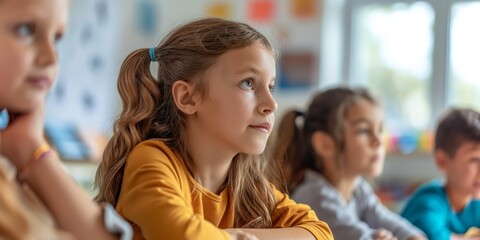 A young student appears focused and attentive during a class in a vibrant classroom