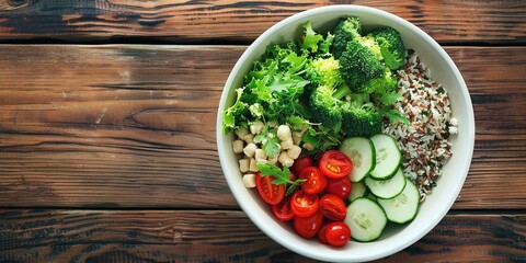 overhead view of a salad in a bowl - fresh vegetables