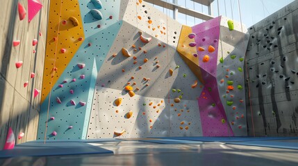 A colorful and modern indoor rock climbing gym with various climbing routes and bouldering walls.