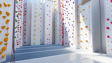 A colorful rock climbing wall with various climbing routes.