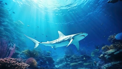 Fototapeta premium The Giant Sharks in the ocean, portrait of Shark hunting prey in the underwater