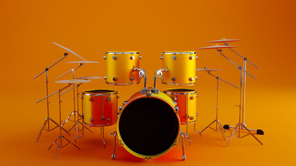 Set of yellow drums isolated on colored background, Drum kit isolated on orange background