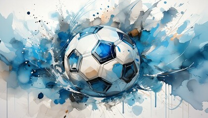 Abstract soccer ball watercolor art with blue sport print, creative wall decoration. 