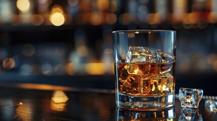 Classic Mixer Bathed in Cinematic Light, Garnished with Orange Twist, Resting on Antique Wooden Bar, with Dimly Illuminated Bottles Casting Bokeh Background.