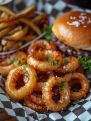 Delicious onion rings in a basket on a table with a burger.