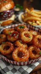 Delicious onion rings in a basket on a table with a burger.