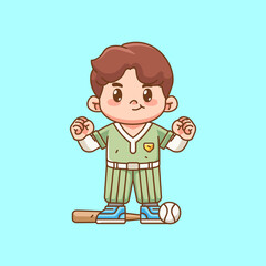 Cute Baseball player cheer win kawaii chibi character mascot illustration outline style design