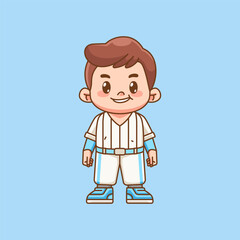 Cute Baseball player stand kawaii chibi character mascot illustration outline style design