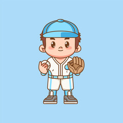 Obraz premium Cute Baseball player catch ball kawaii chibi character mascot illustration outline style design