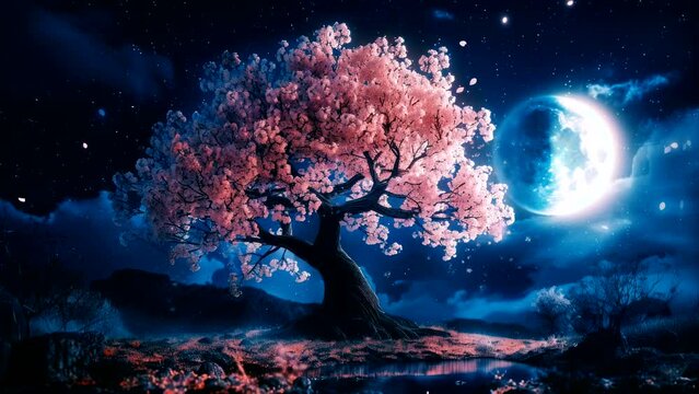 Moonlit Blossoms: The Enchanting Sakura Tree Under the Moonlight