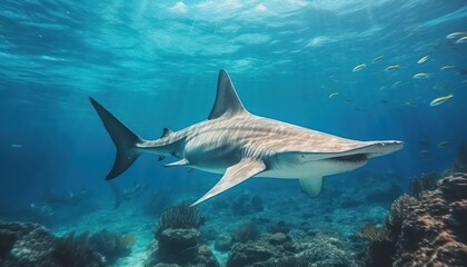 The Giant Sharks in the ocean, portrait of Shark hunting prey in the underwater