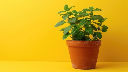 Catnip placed on a terracotta pot against a plain yellow backdrop