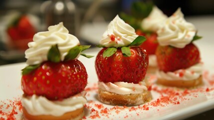 Desserts strawberries topped with whipped cream