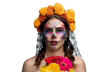 Face of a young Mexican woman with catrina makeup, no background