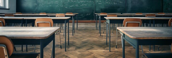 Fototapeta premium An image showcasing an empty classroom with rows of wooden desks facing a chalkboard written on with chalk
