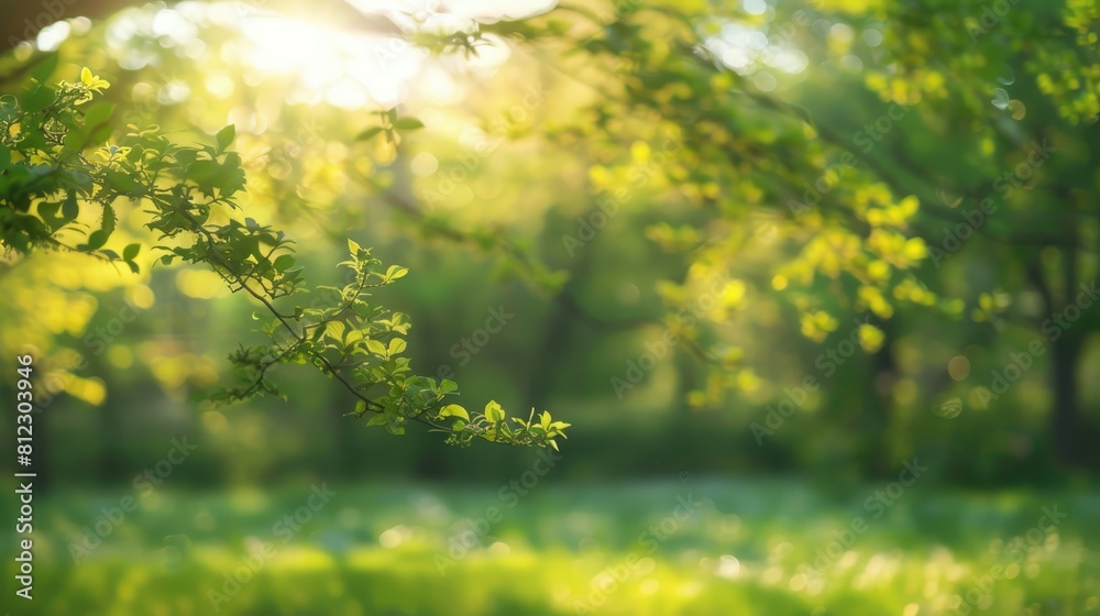 Wall mural blurry background of green spring trees with sunlight filtering through
