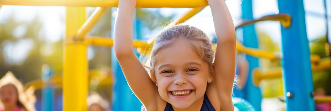 A playful young girl happily hangs from monkey bars at a playground on a sunny day