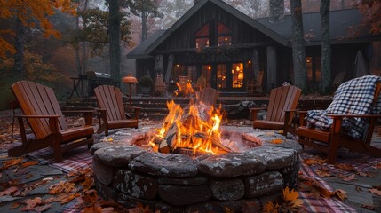 A rustic fire pit outside a cabin in the autumn landscape. 