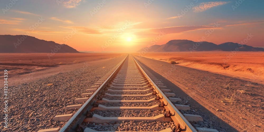 Wall mural A breathtaking view of railroad tracks extending into the distance under a sunset sky, surrounded by desert terrain and mountains