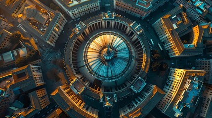 Obraz premium Exhibit an aerial view of the Pantheon, showcasing its perfectly symmetrical design and its position in the urban landscape of Rome