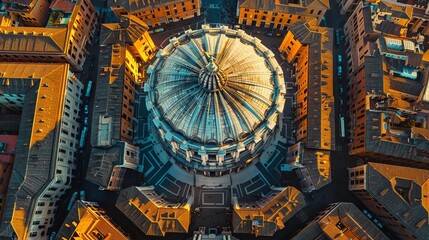 Obraz premium Exhibit an aerial view of the Pantheon, showcasing its perfectly symmetrical design and its position in the urban landscape of Rome