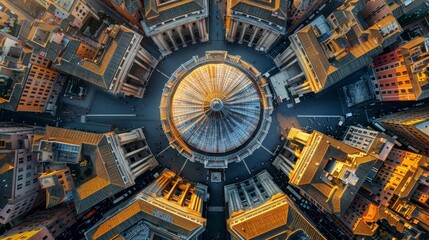 Exhibit an aerial view of the Pantheon, showcasing its perfectly symmetrical design and its position in the urban landscape of Rome