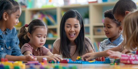 A joyful teacher and a group of diverse children engage with educational toys in a playful setting