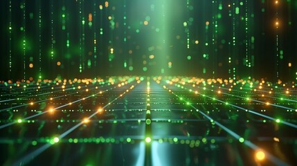 Obraz premium Dynamic digital matrix, green binary code flowing in cyberspace. Virtual reality, network of data, information technology. Cyber security concept. Futuristic abstract with glowing nodes and lines.