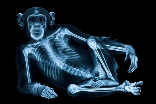 A skeleton of a monkey laying on its back. The skeleton is in black and white and the monkey is in blue