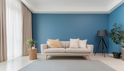 Livingroom or buisness hall scene light pastel color. Lounge room - blue sky paint and velor. Empty wall blank - navy background and pale tone loveseat. Luxury modern home design interior. 3d render