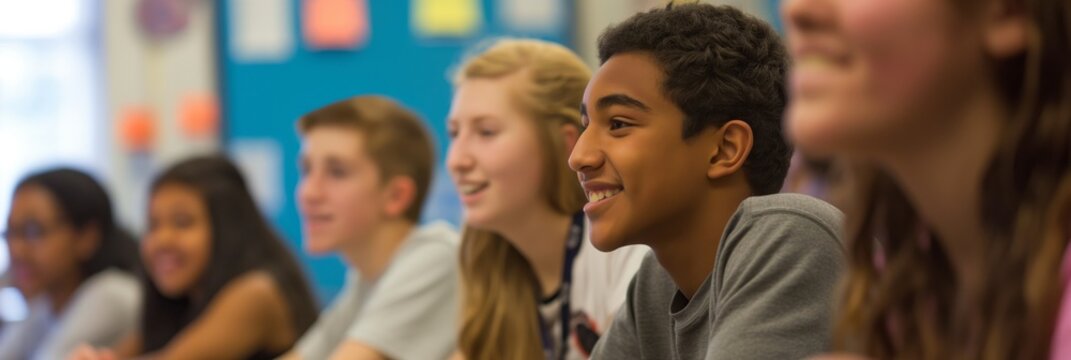 High school students paying attention and smiling in a classroom environment, representing learning and socializing