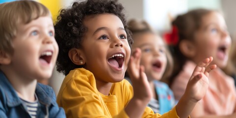 Group of diverse young students clapping and looking excited in a classroom or assembly