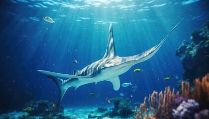 Fototapeta premium The Giant Sharks in the ocean, portrait of Shark hunting prey in the underwater