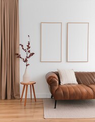 Living room with white empty walls - light mockup for canvas art. Accent brown pillow and curtain details. Scandinavian modern minimal interior design lounge livingroom home or office. 3d rendering