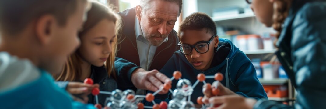 Older male teacher using a molecular model to explain science to young students