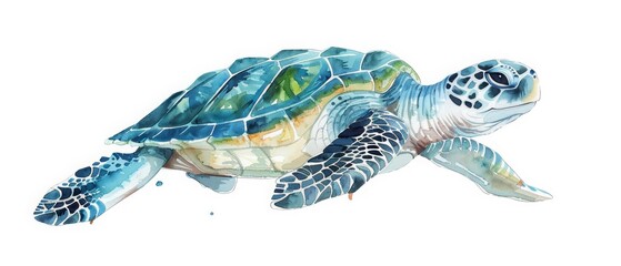 A minimal watercolor painting of a baby turtle making its way to the sea is incredibly sweet, Clipart minimal watercolor isolated on white background