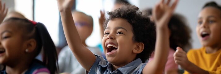 A young, happy child with his hands raised triumphantly amidst a crowd of cheering peers