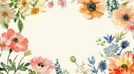 A playful arrangement of spring flowers surrounds a blank card