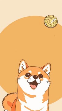 A playful illustration of a Shiba Inu dog looking at a flying Bitcoin suspended in the air. Copy space, wallpaper.