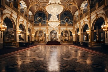 Obraz premium A Night of High Stakes: Inside a Lavish Casino with Glistening Chandeliers and Plush Gaming Tables