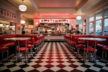 Step into the Past: A Charming 1950s Soda Shop with Neon Signage and Classic Diner Decor on a Small...