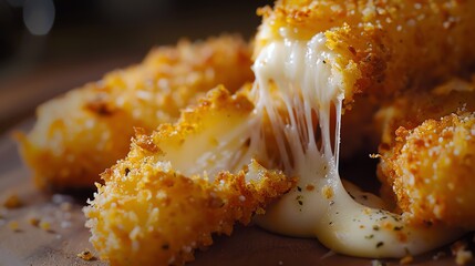 A closeup of a mozzarella stick being pulled apart, with melted cheese stretching between the two halves