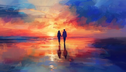 Fototapeta premium A dreamy digital artwork captures a young couple strolling hand in hand on a beach at sunset. Soft sunset hues reflect on the sand, evoking a tender, romantic atmosphere. 🌅💑 Perfect for romantic