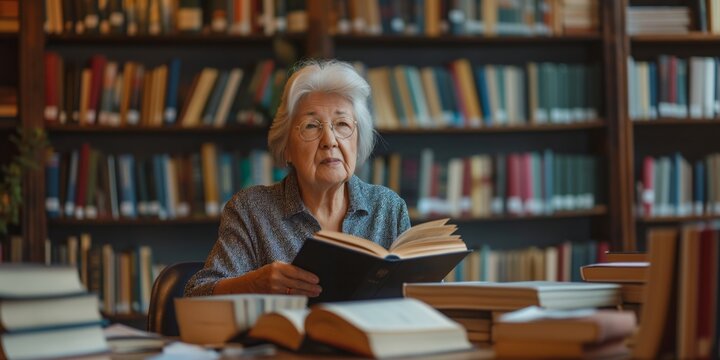 An aged woman in glasses deeply immersed in reading a book, surrounded by shelves of books in a library